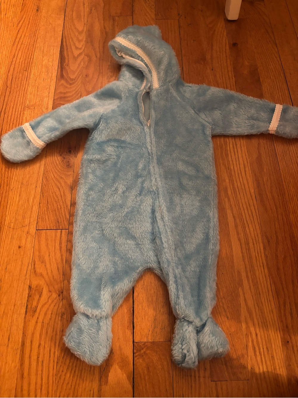 Vintage Sears Plush Hooded Baby Footed One-Piece in Light Blue